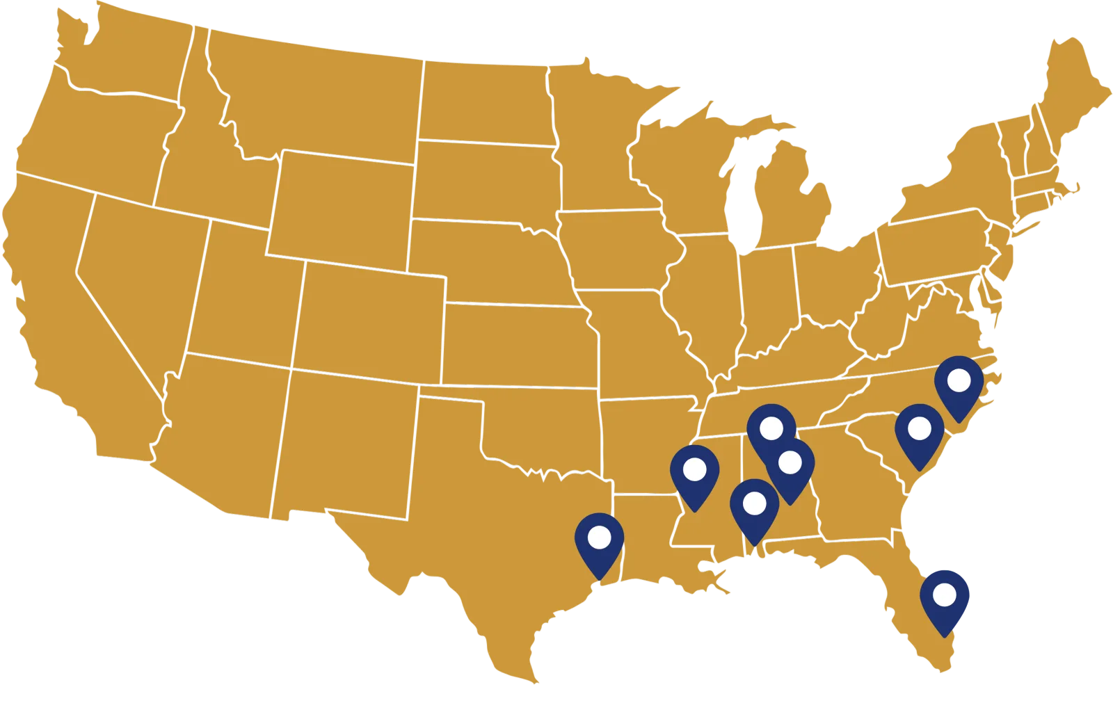 Map of Gold Key Team warehouse locations across the United States